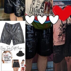 Vintage Black Sequin Shorts Taylor Swift High Rise 100% Silk 32" 22 Karma RARE